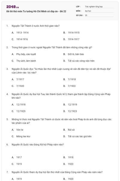 Đề thi thử môn Tư tưởng Hồ Chí Minh có đáp án - Đề 22