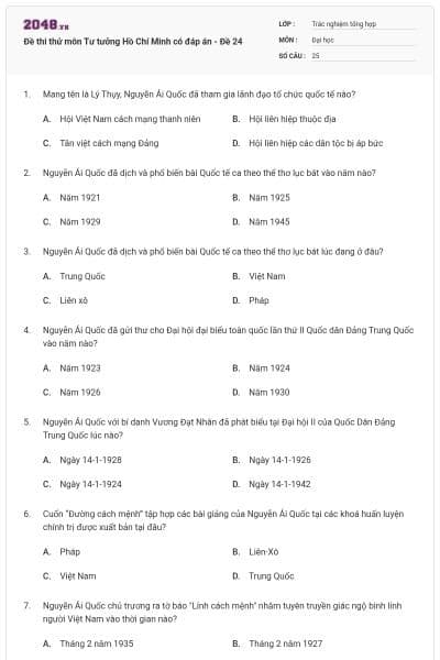 Đề thi thử môn Tư tưởng Hồ Chí Minh có đáp án - Đề 24