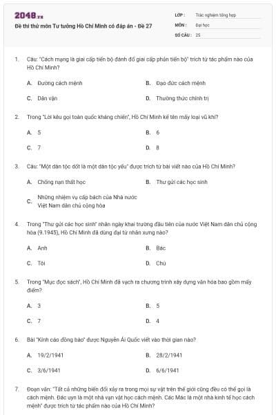 Đề thi thử môn Tư tưởng Hồ Chí Minh có đáp án - Đề 27