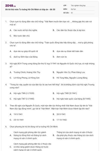 Đề thi thử môn Tư tưởng Hồ Chí Minh có đáp án - Đề 30