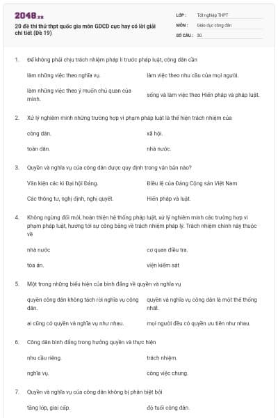 20 đề thi thử thpt quốc gia môn GDCD cực hay có lời giải chi tiết (Đề 19)