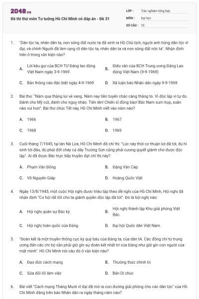 Đề thi thử môn Tư tưởng Hồ Chí Minh có đáp án - Đề 31