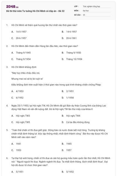 Đề thi thử môn Tư tưởng Hồ Chí Minh có đáp án - Đề 32