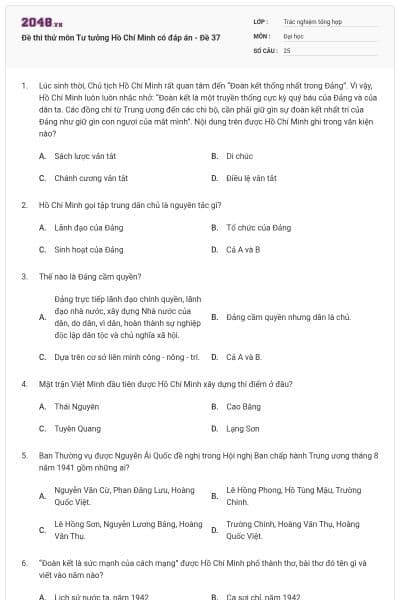 Đề thi thử môn Tư tưởng Hồ Chí Minh có đáp án - Đề 37