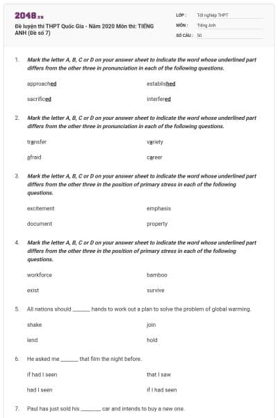 Đề luyện thi THPT Quốc Gia - Năm 2020 Môn thi: TIẾNG ANH (Đề số 7)