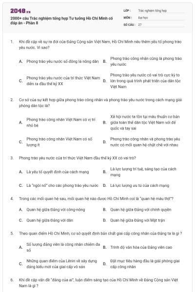 2000+ câu Trắc nghiệm tổng hợp Tư tưởng Hồ Chí Minh có đáp án - Phần 8