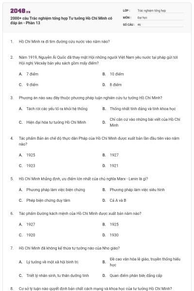 2000+ câu Trắc nghiệm tổng hợp Tư tưởng Hồ Chí Minh có đáp án - Phần 13