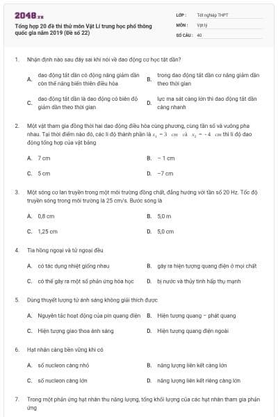 Tổng hợp 20 đề thi thử môn Vật Lí trung học phổ thông quốc gia năm 2019 (Đề số 22)