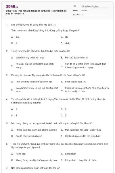 2000+ câu Trắc nghiệm tổng hợp Tư tưởng Hồ Chí Minh có đáp án - Phần 18
