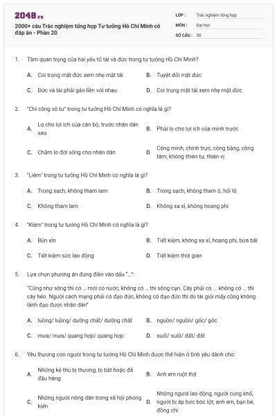 2000+ câu Trắc nghiệm tổng hợp Tư tưởng Hồ Chí Minh có đáp án - Phần 20