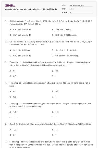 460 câu trắc nghiệm Xác suất thống kê có đáp án (Phần 1)
