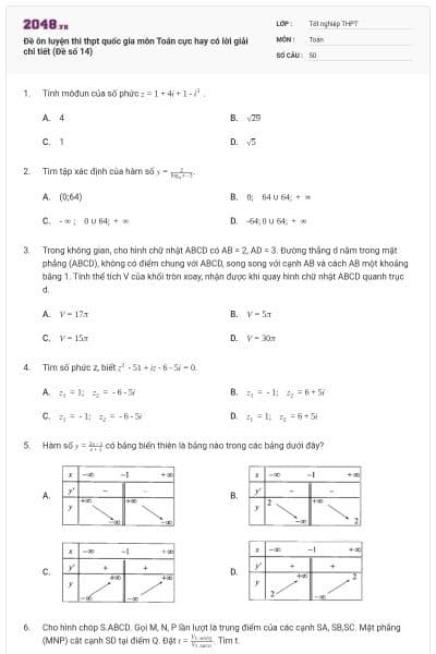 Đề ôn luyện thi thpt quốc gia môn Toán cực hay có lời giải chi tiết (Đề số 14)