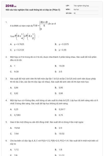 460 câu trắc nghiệm Xác suất thống kê có đáp án (Phần 5)