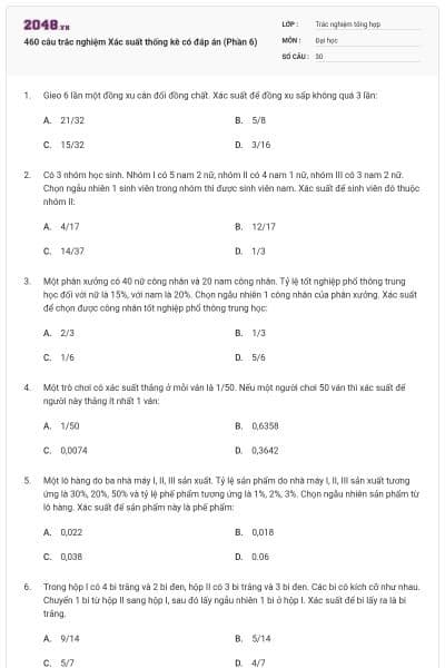 460 câu trắc nghiệm Xác suất thống kê có đáp án (Phần 6)