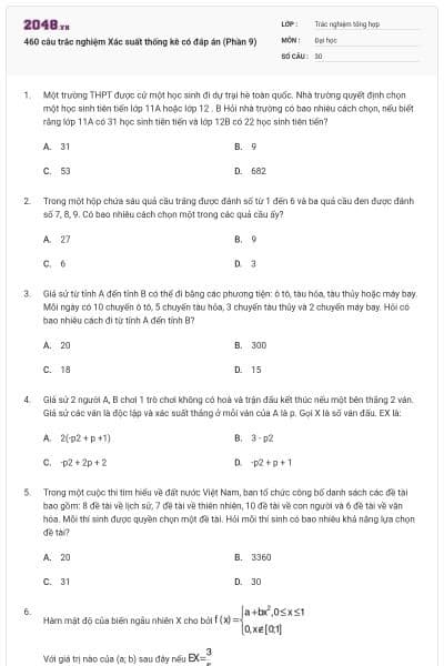460 câu trắc nghiệm Xác suất thống kê có đáp án (Phần 9)