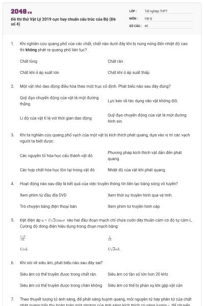 Đề thi thử Vật Lý 2019 cực hay chuẩn cấu trúc của Bộ (Đề số 4)