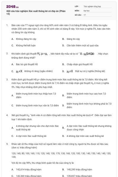 460 câu trắc nghiệm Xác suất thống kê có đáp án (Phần 15)