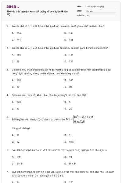 460 câu trắc nghiệm Xác suất thống kê có đáp án (Phần 16)