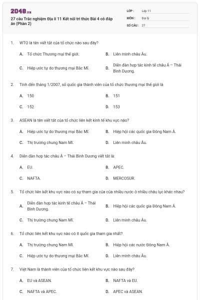 27 câu Trắc nghiệm Địa lí 11 Kết nối tri thức Bài 4 có đáp án (Phần 2)