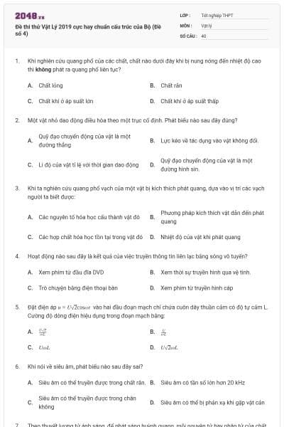 Đề thi thử Vật Lý 2019 cực hay chuẩn cấu trúc của Bộ (Đề số 4)
