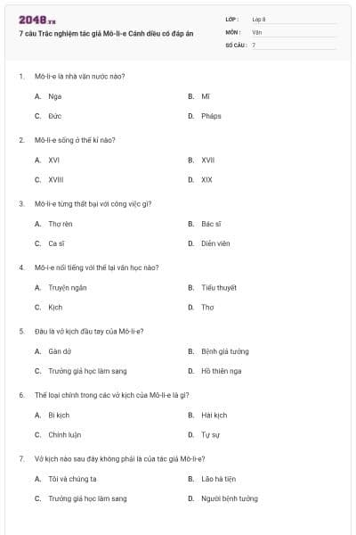7 câu Trắc nghiệm tác giả Mô-li-e Cánh diều có đáp án