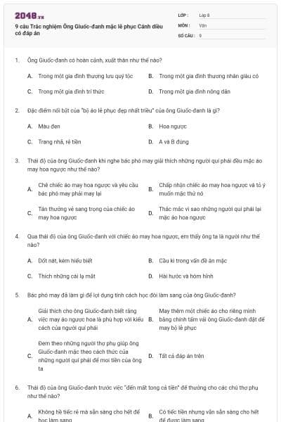 9 câu Trắc nghiệm Ông Giuốc-đanh mặc lễ phục Cánh diều có đáp án