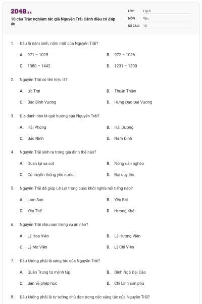 10 câu Trắc nghiệm tác giả Nguyễn Trãi Cánh diều có đáp án