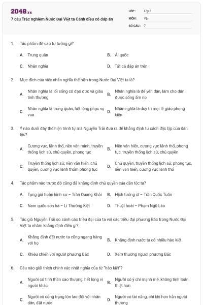 7 câu Trắc nghiệm Nước Đại Việt ta Cánh diều có đáp án