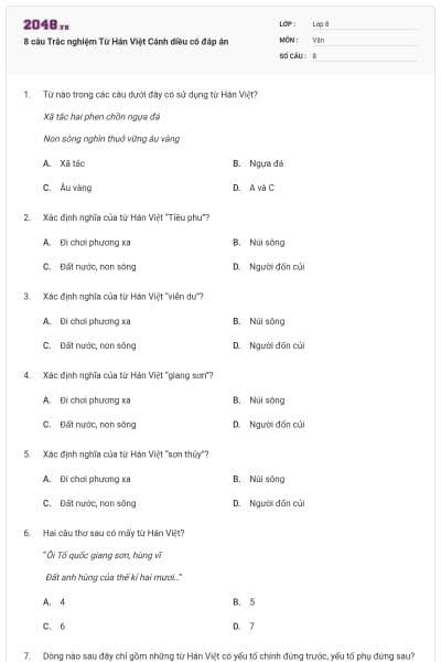 8 câu Trắc nghiệm Từ Hán Việt Cánh diều có đáp án