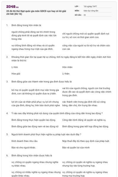 20 đề thi thử thpt quốc gia môn GDCD cực hay có lời giải chi tiết (Đề 16)