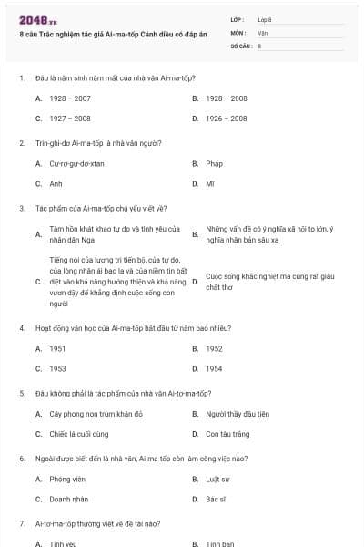 8 câu Trắc nghiệm tác giả Ai-ma-tốp Cánh diều có đáp án