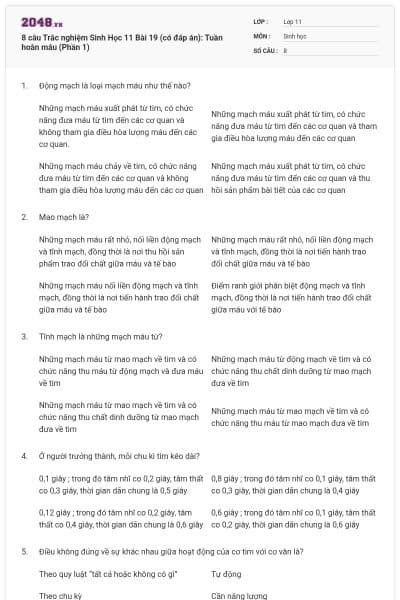 8 câu Trắc nghiệm Sinh Học 11 Bài 19 (có đáp án): Tuần hoàn máu (Phần 1)