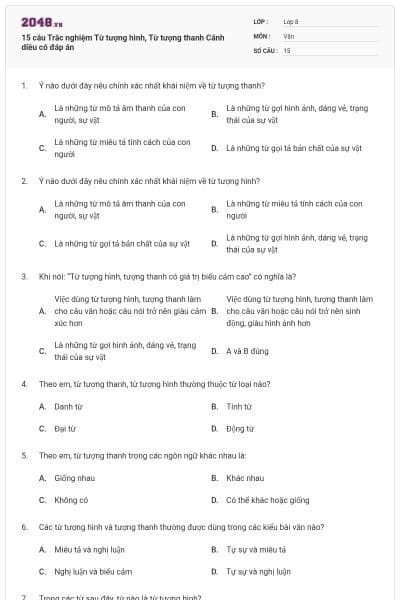 15 câu Trắc nghiệm Từ tượng hình, Từ tượng thanh Cánh diều có đáp án