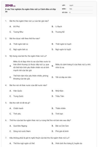 8 câu Trắc nghiệm Xa ngắm thác núi Lư Cánh diều có đáp án