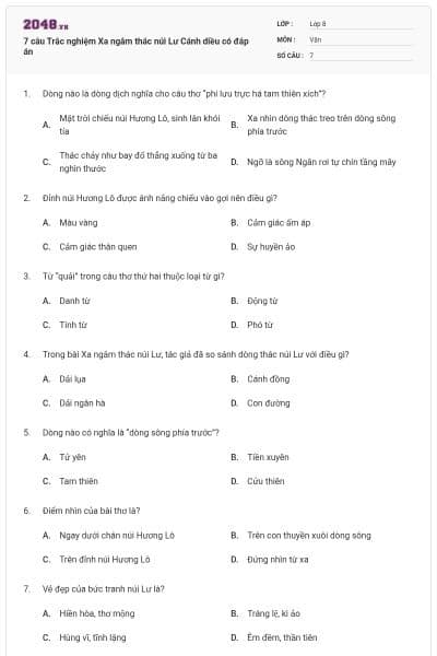 7 câu Trắc nghiệm Xa ngắm thác núi Lư Cánh diều có đáp án