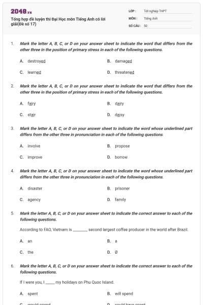 Tổng hợp đề luyện thi Đại Học môn Tiếng Anh có lời giải(Đề số 17)