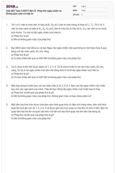 Giải SBT Toán 9 KNTT Bài 25. Phép thử ngẫu nhiên và không gian mẫu có đáp án