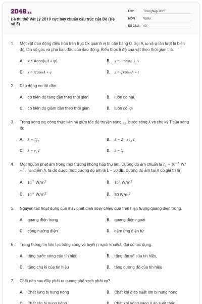 Đề thi thử Vật Lý 2019 cực hay chuẩn cấu trúc của Bộ (Đề số 5)