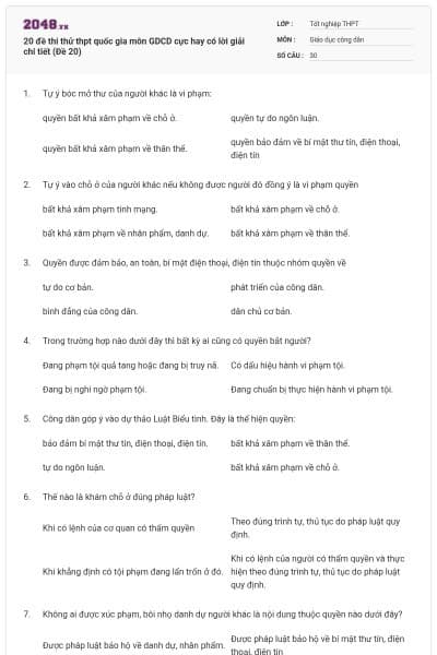 20 đề thi thử thpt quốc gia môn GDCD cực hay có lời giải chi tiết (Đề 20)