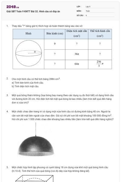 Giải SBT Toán 9 KNTT Bài 32. Hình cầu có đáp án