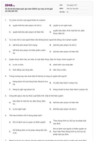 20 đề thi thử thpt quốc gia môn GDCD cực hay có lời giải chi tiết (Đề 20)