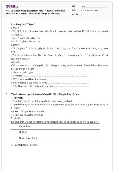 Giải VBT hoạt động trải nghiệm KNTT 4 tuần 1: em tự hào về bản thân – tự hào thể hiện khả năng của bản thân