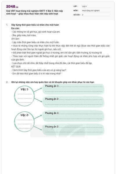 Giải VBT hoạt động trải nghiệm KNTT 4 Bài 5: Nền nếp sinh hoạt – giúp nhau thực hiện nền nếp sinh hoạt