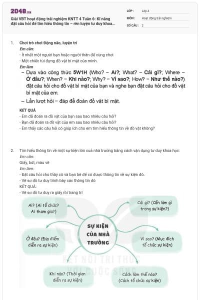 Giải VBT hoạt động trải nghiệm KNTT 4 Tuần 6: Kĩ năng đặt câu hỏi để tìm hiểu thông tin – rèn luyện tư duy khoa học