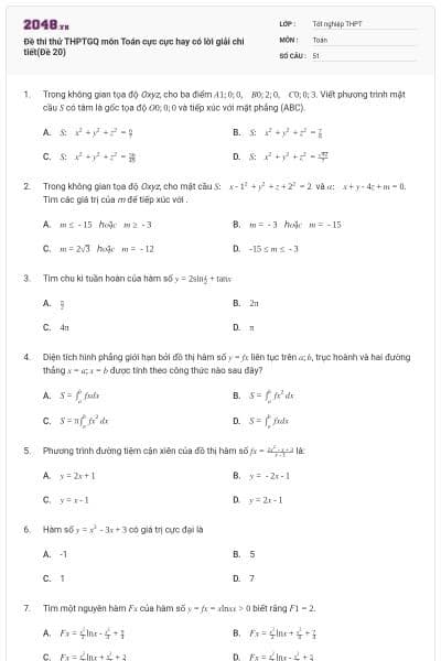 Đề thi thử THPTGQ môn Toán cực cực hay có lời giải chi tiết(Đề 20)