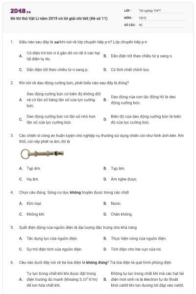 Đề thi thử Vật Lí năm 2019 có lời giải chi tiết (Đề số 11)