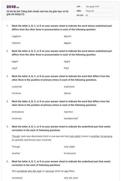 25 đề thi thử Tiếng Anh chuẩn cấu trúc bộ giáo dục có lời giải chi tiết(p12)