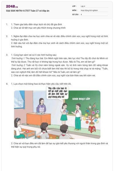 Giải SGK HĐTN 4 CTST Tuần 27 có đáp án