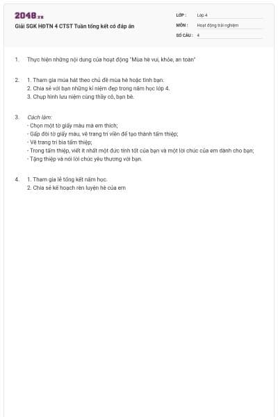 Giải SGK HĐTN 4 CTST Tuần tổng kết có đáp án
