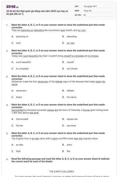 30 đề thi thử thpt quốc gia tiếng anh năm 2020 cực hay có lời giải (Đề số 1)